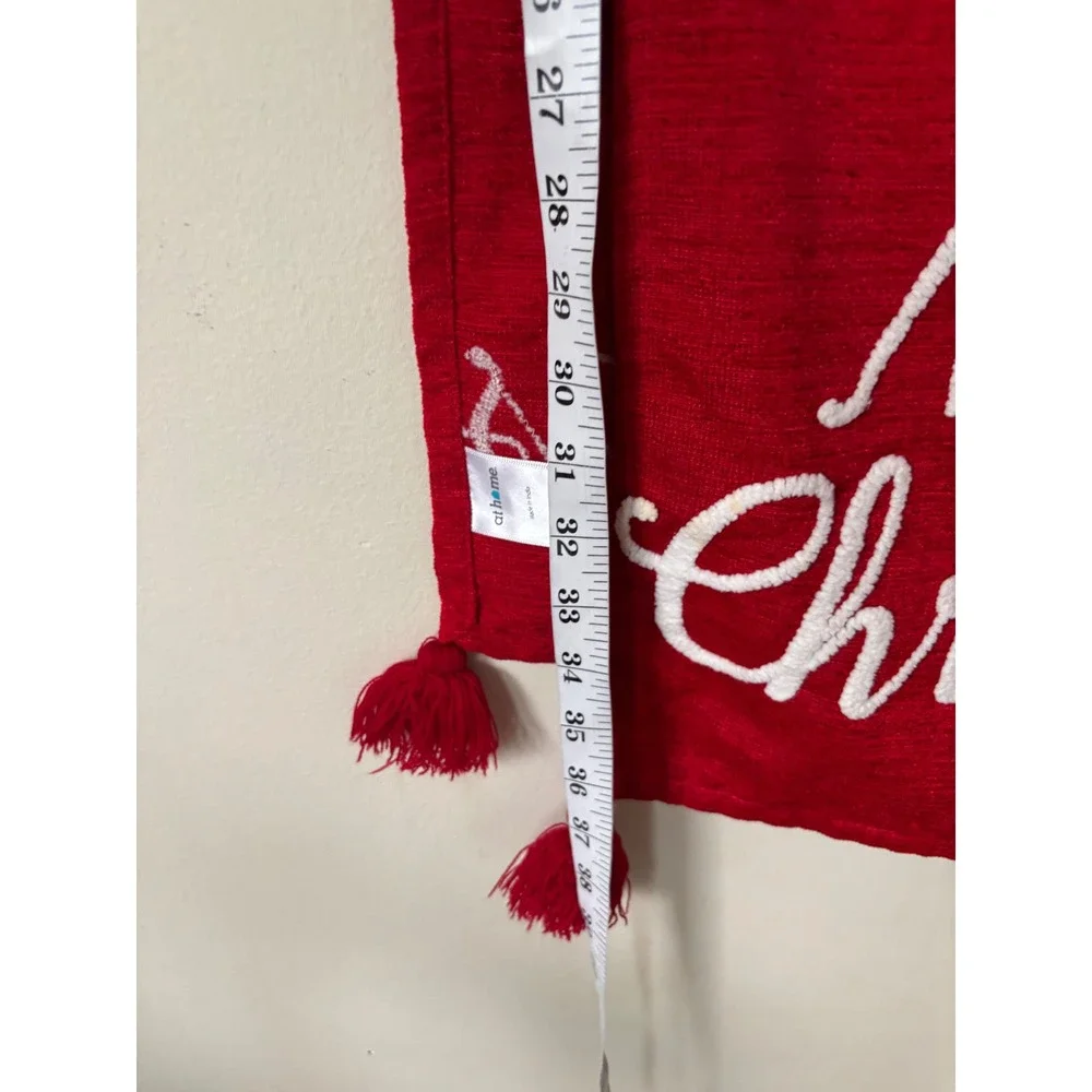 At Home Red Merry Christmas Table Runner Embroidered Tassels Holiday Decor 72in